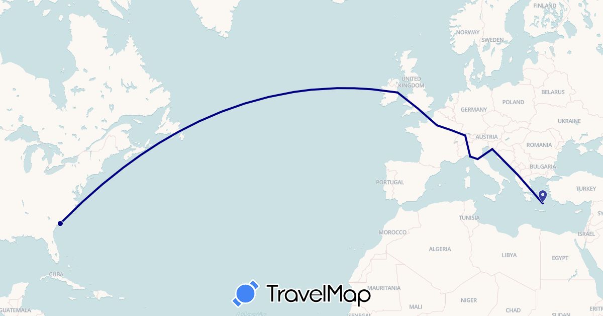 TravelMap itinerary: driving in Switzerland, France, Greece, Croatia, Ireland, Italy, United States (Europe, North America)